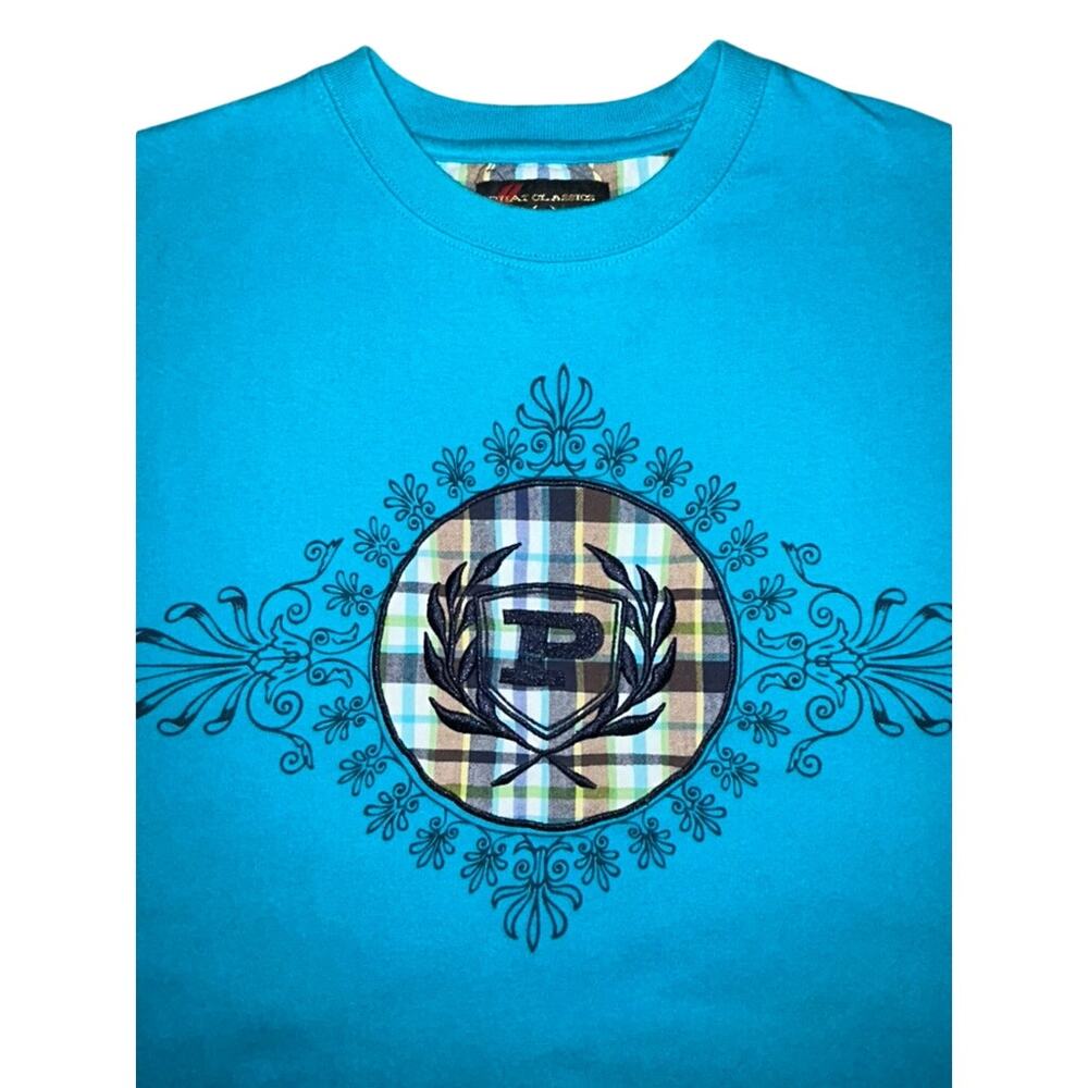 Phat Classics Men's XL Turquoise Plaid Logo Short Sleeve Hip Hop Y2K 90's Shirt